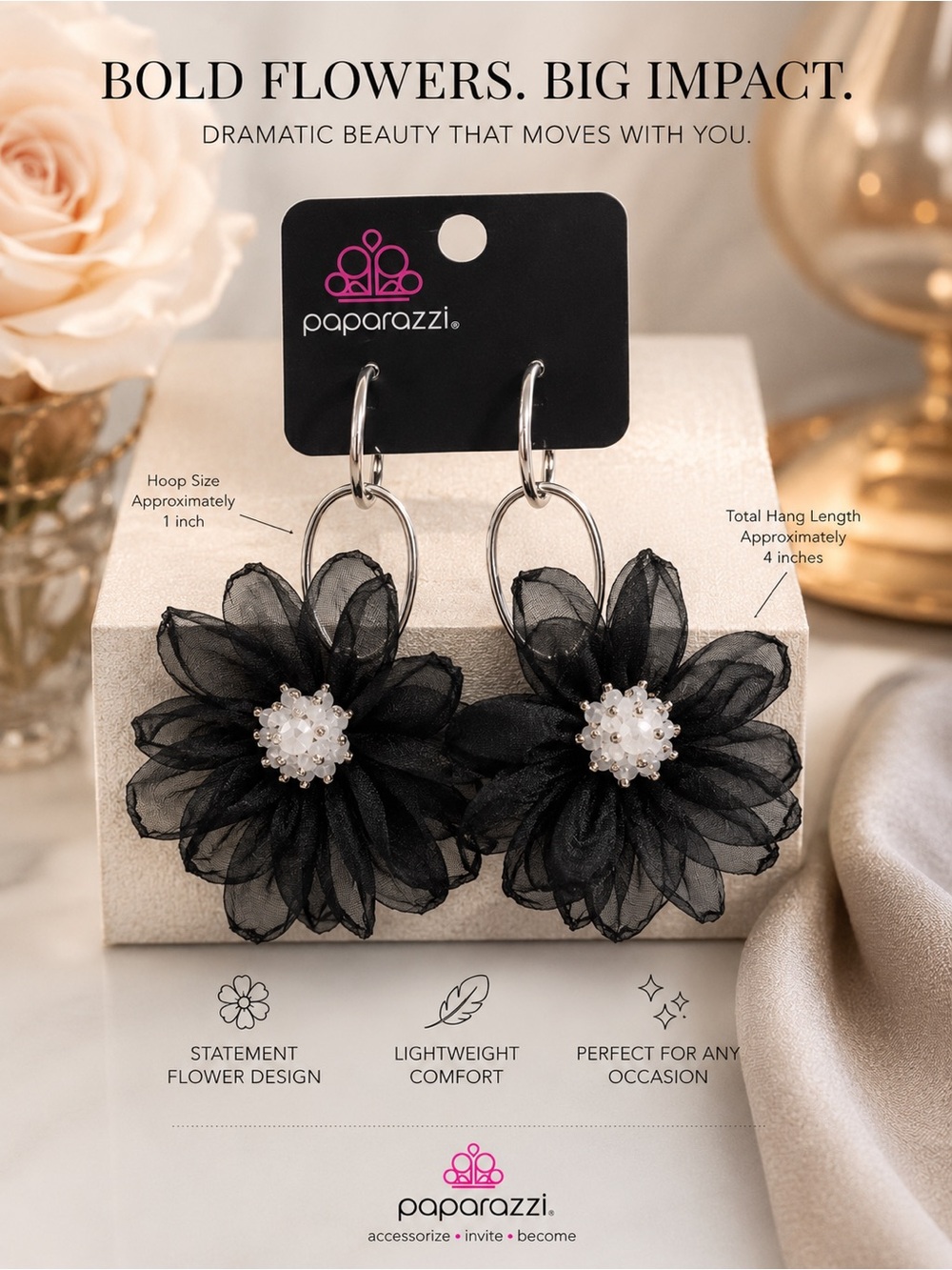 paparazzi Black Floral Hoop Earrings with Pearl Cluster